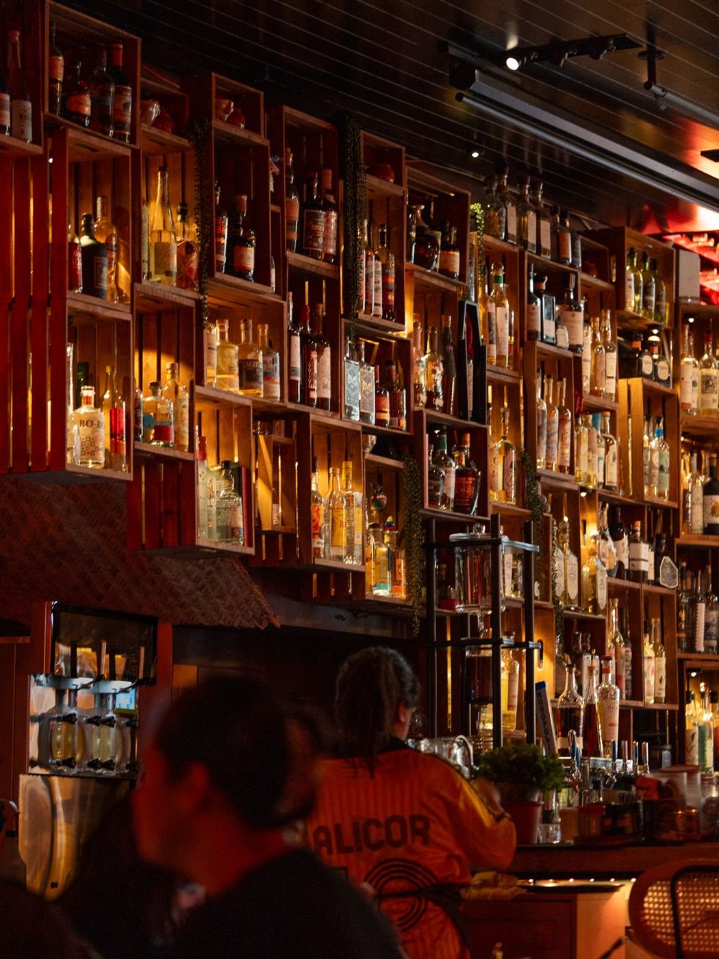 The bar at La Licor Panamericana in Logan Square, Chicago, beneath a wall of glowing bottle crates
