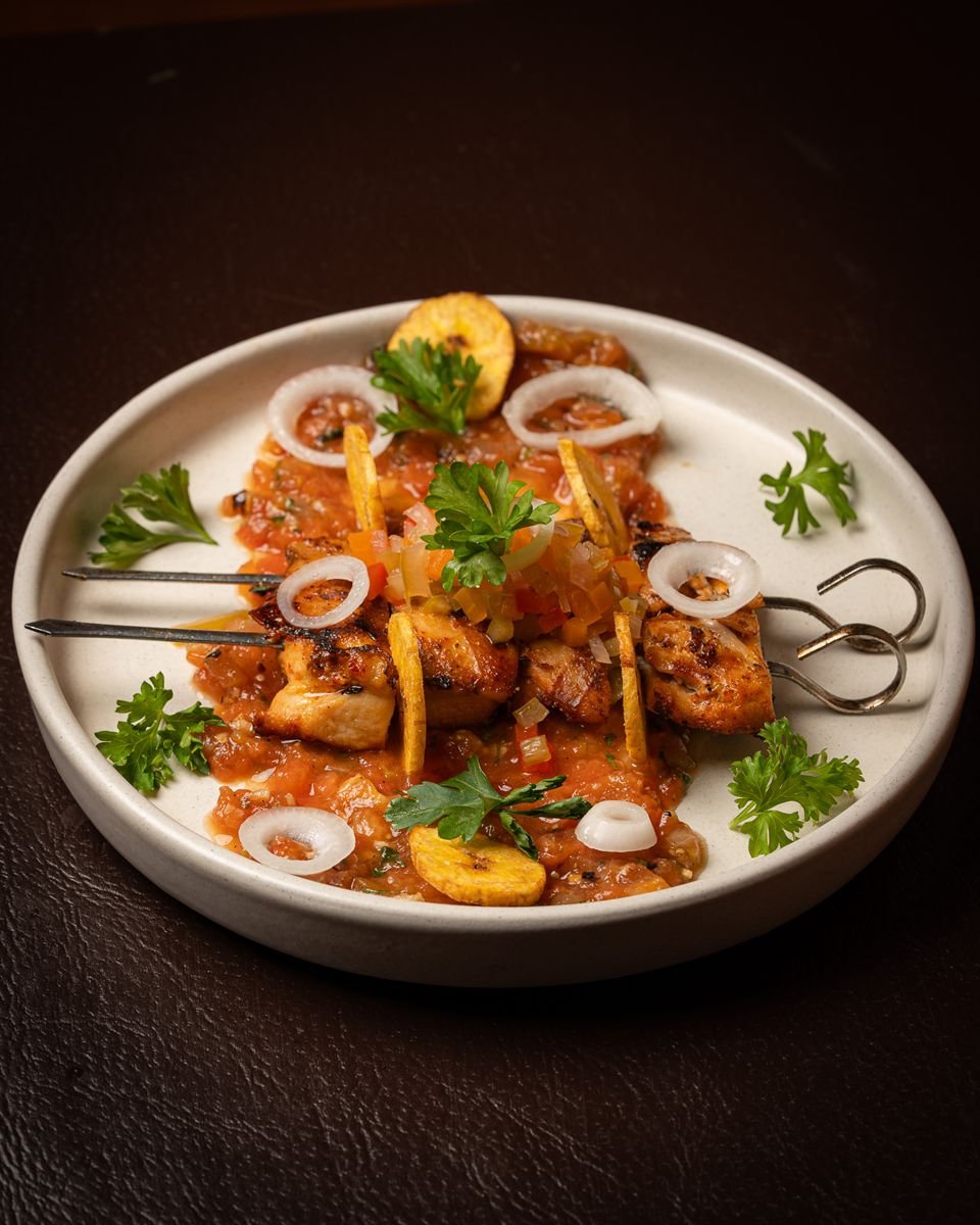 Grilled skewers with plantain chips